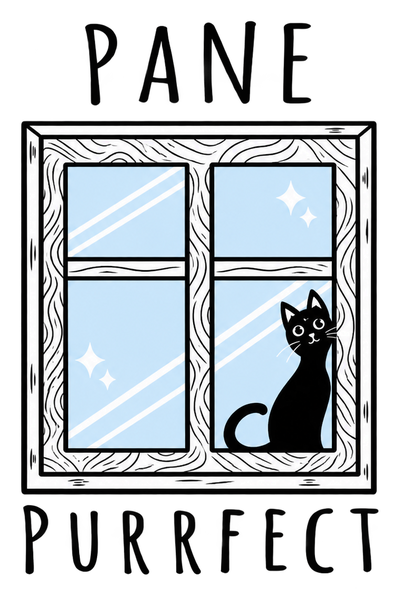 The Pane Purrfect logo: a hand drawn window with a black cat sitting in it